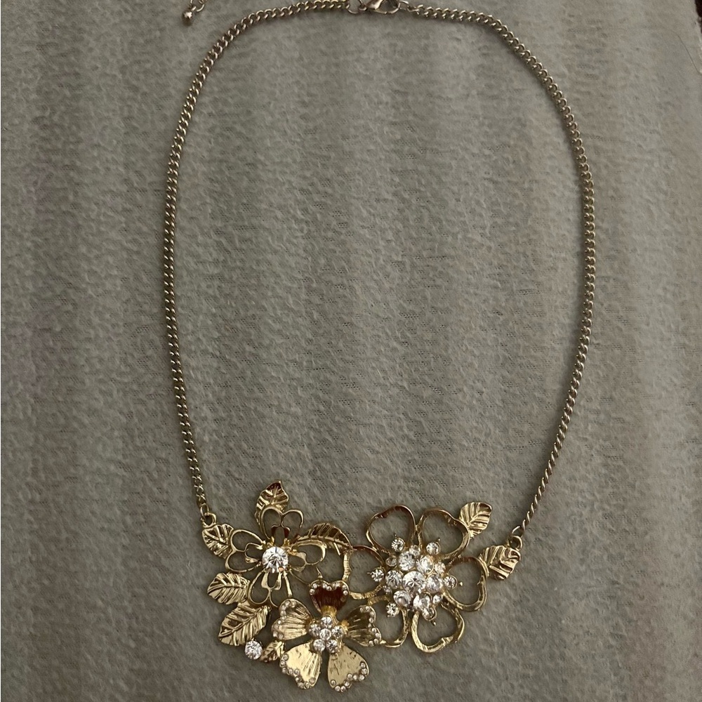 Floral Gold Necklace with Crystal Accents